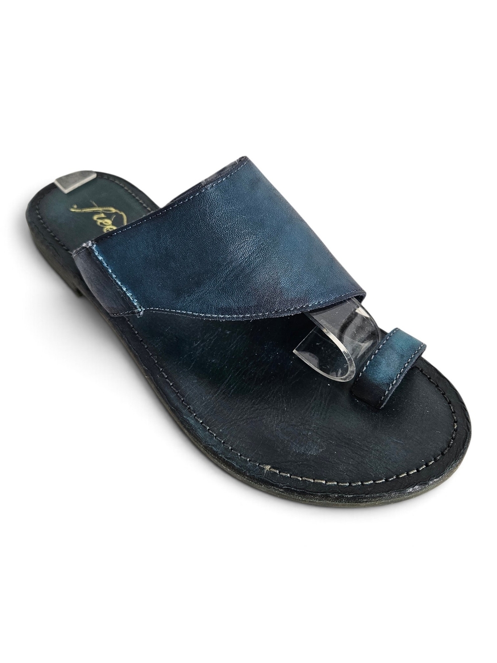 Free People Slide Sandals 37 Sant Antoni Leather Toe Loop Boho Teal Blue